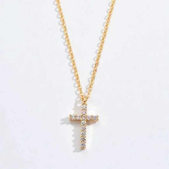 18k Gold over Sterling Silver Cross Pendant Necklace with Sparkling Stones - Picture 2 of 3